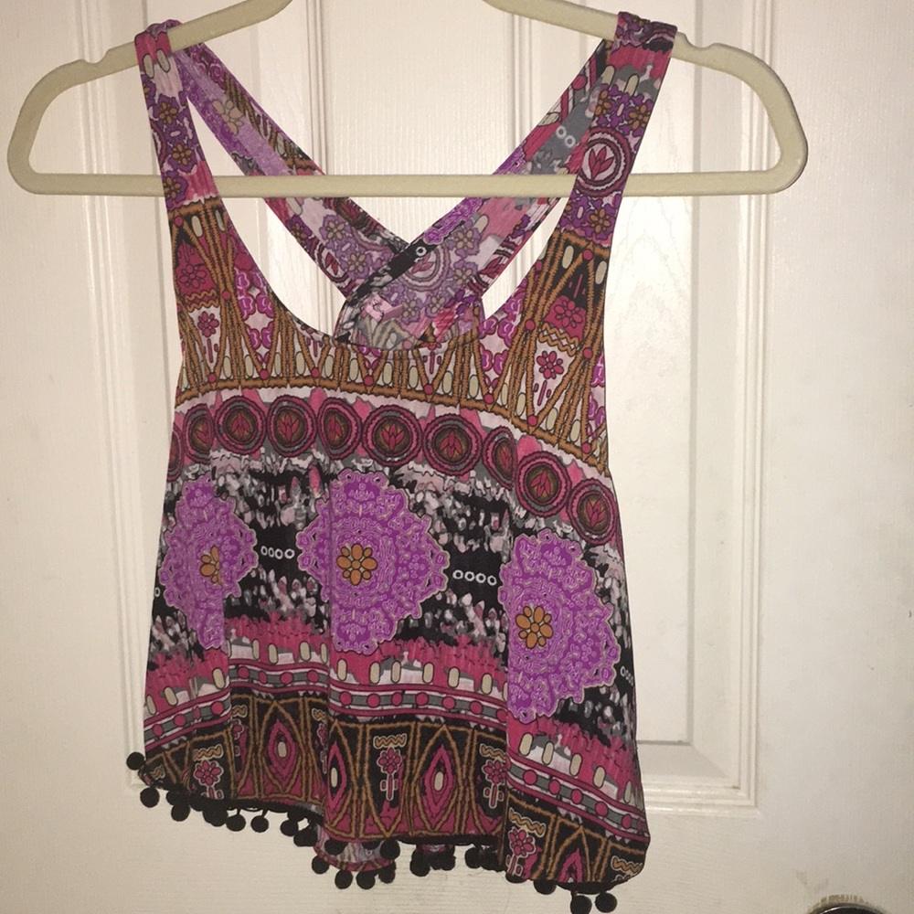 Colorful patterned tank top with Pom pom trim